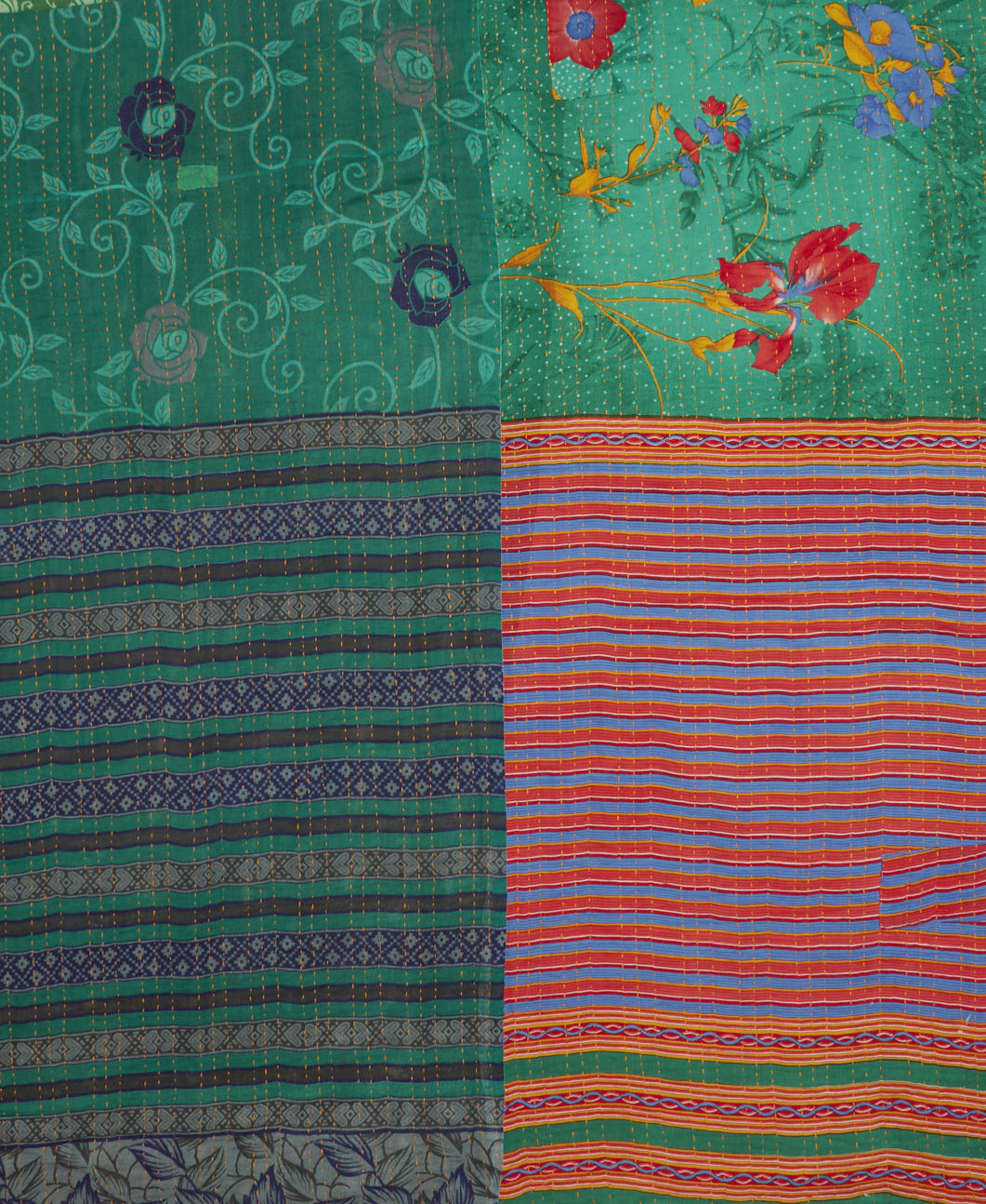 quilted king kantha quilt handmade in India from eco-friendly upcycled vintage cotton saris for a one-of-a-kind quilt