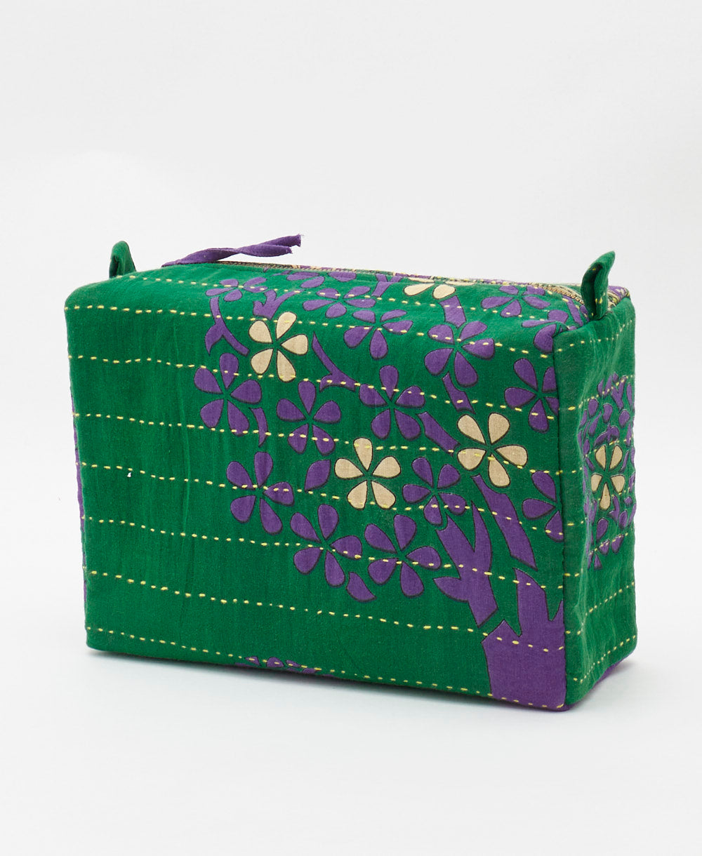 Eco-friendly handmade green and purple paisley vintage kantha toiletry bag