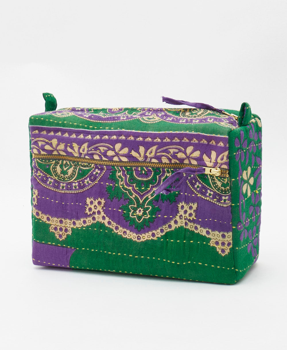 One-of-a-kind green and purple paisley vintage kantha toiletry bag made using recycled cotton saris