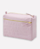 lilac purple toiletry bag with white stitch embroidery and gold zipper closure