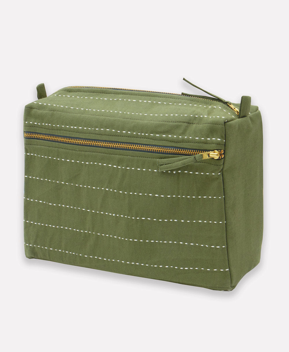 pine green large toiletry bag with white embroidery handmade from organic cotton