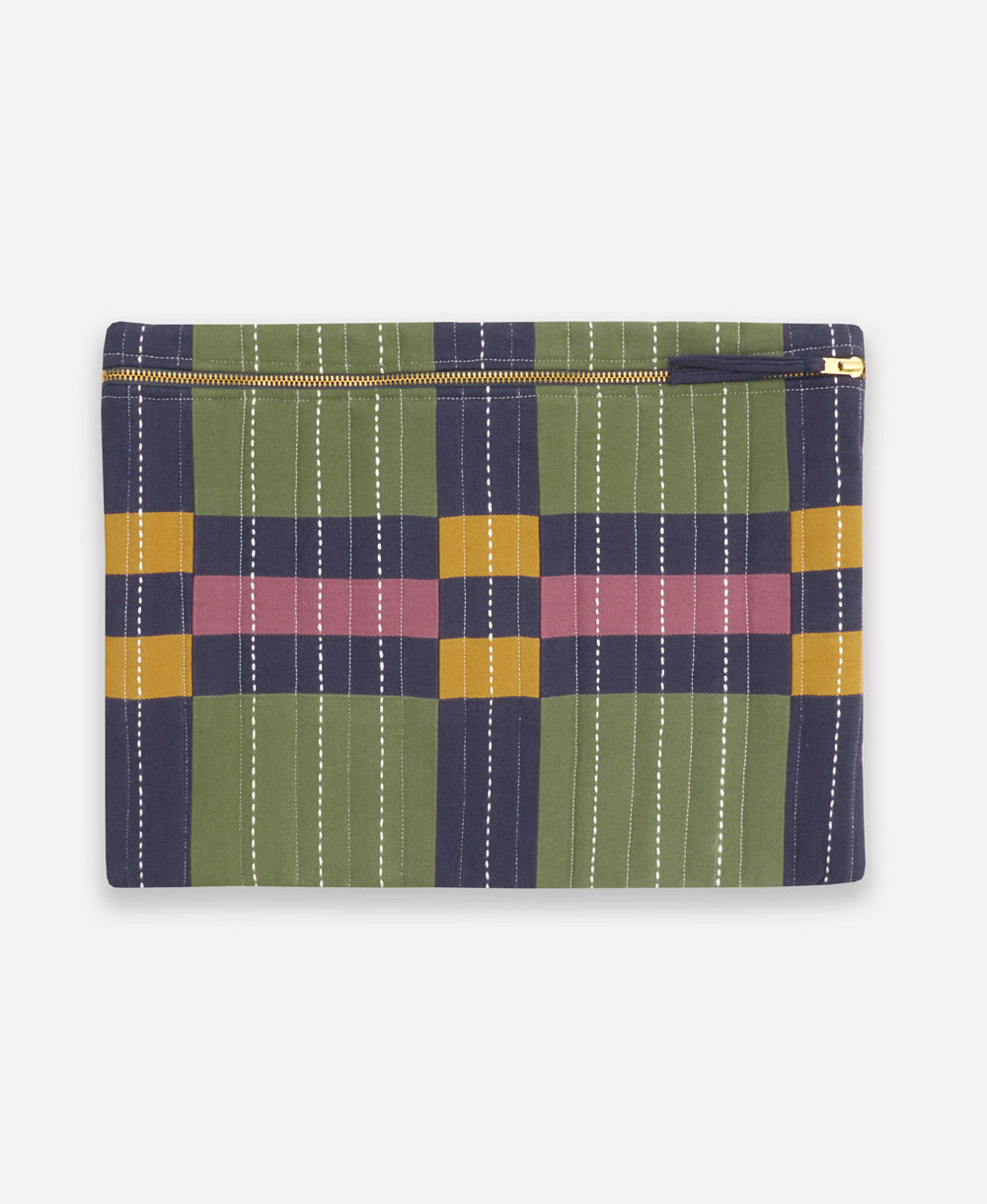 pine green and navy plaid padded and quilted laptop case handmade in India