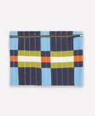 Plaid patterned padded laptop sleeve with colorful stripes on a white background