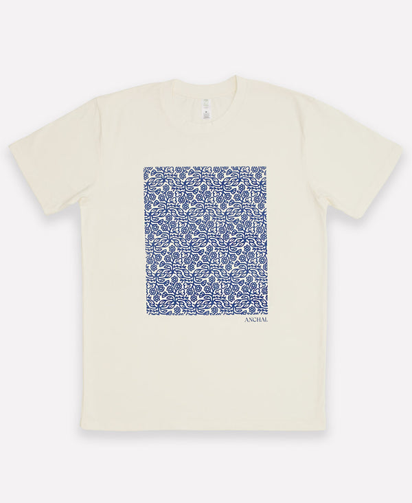organic cotton heavyweight t-shirt with cobalt blue floral logo design by Anchal Project