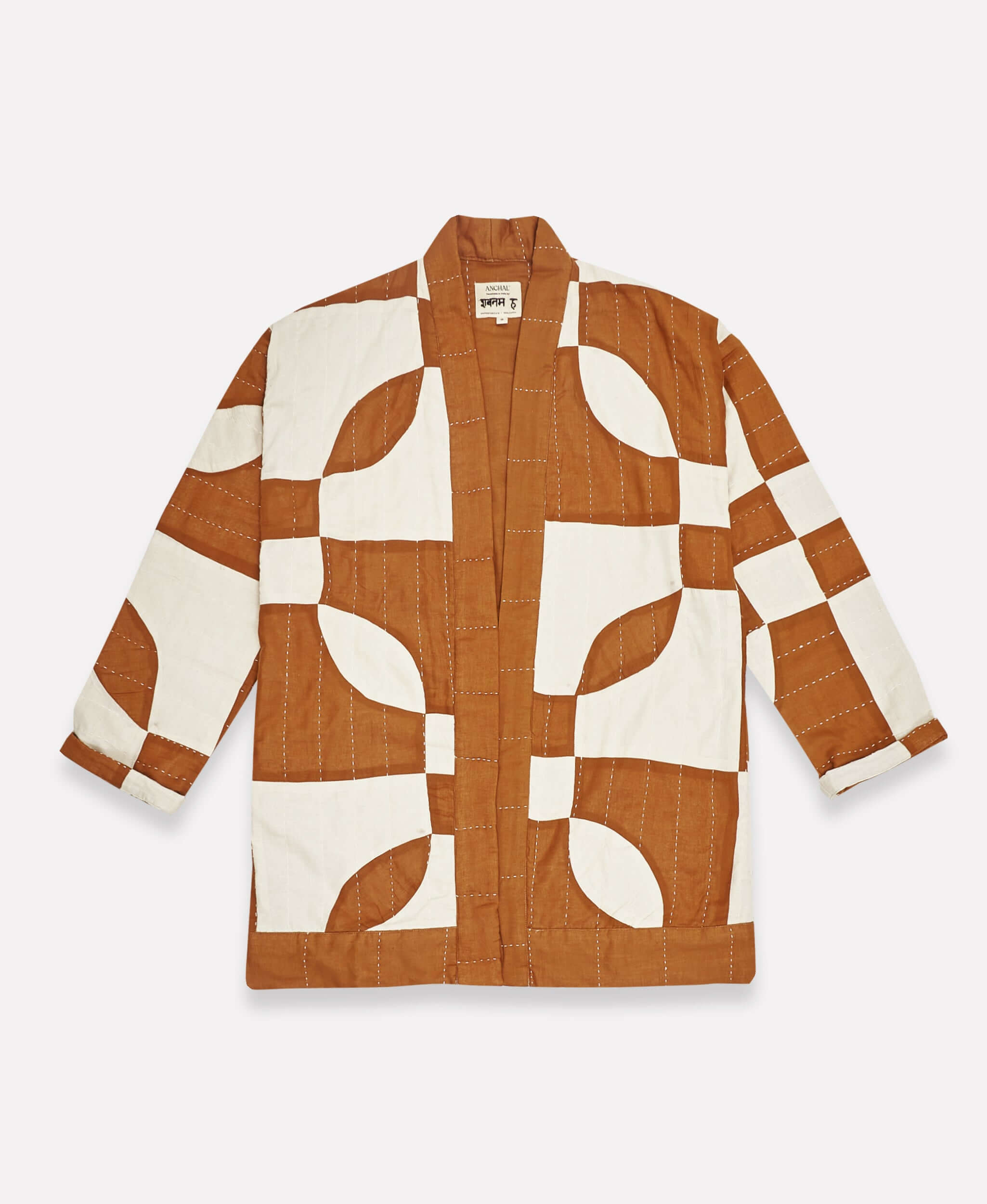 modern quilted jacket with unique marquise patchwork design in camel brown and natural white made in India