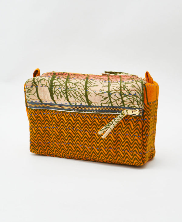 Orange and green abstract vintage kantha toiletry bag handmade using recycled
vintage cotton saris

