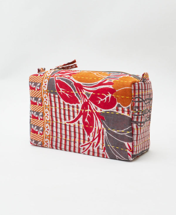 Orange and grey abstract print vintage kantha toiletry bag featuring yellow
traditional kantha hand stitching
