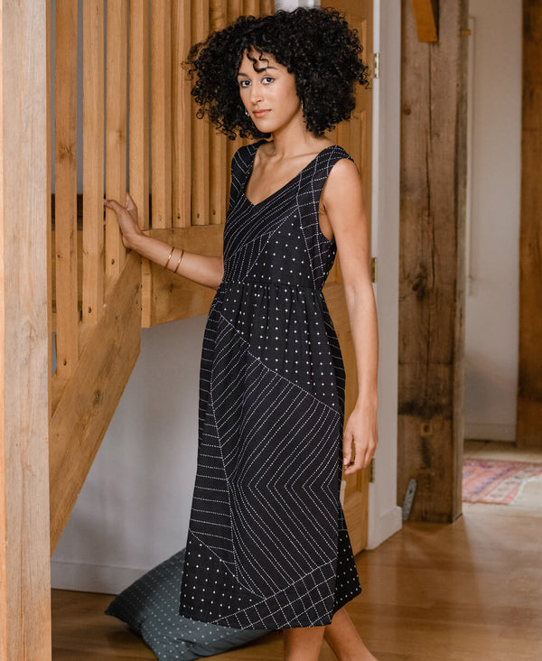 black embroidered midi tank dress made from 100% organic cotton twill