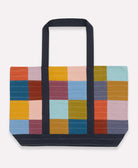 Tote bag with a colorful checkered pattern on a white background
