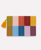 checkered pouch with white embroidery and a yellow tassel