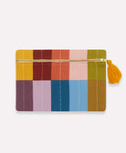 Colorful striped pouch with a tassel on a white background