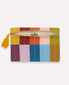 Colorful striped pouch with a zipper and tassel on a white background