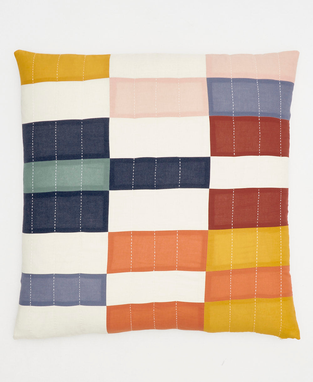 checkered euro sham in bold rainbow colors with white kantha stitching for the modern bedroom