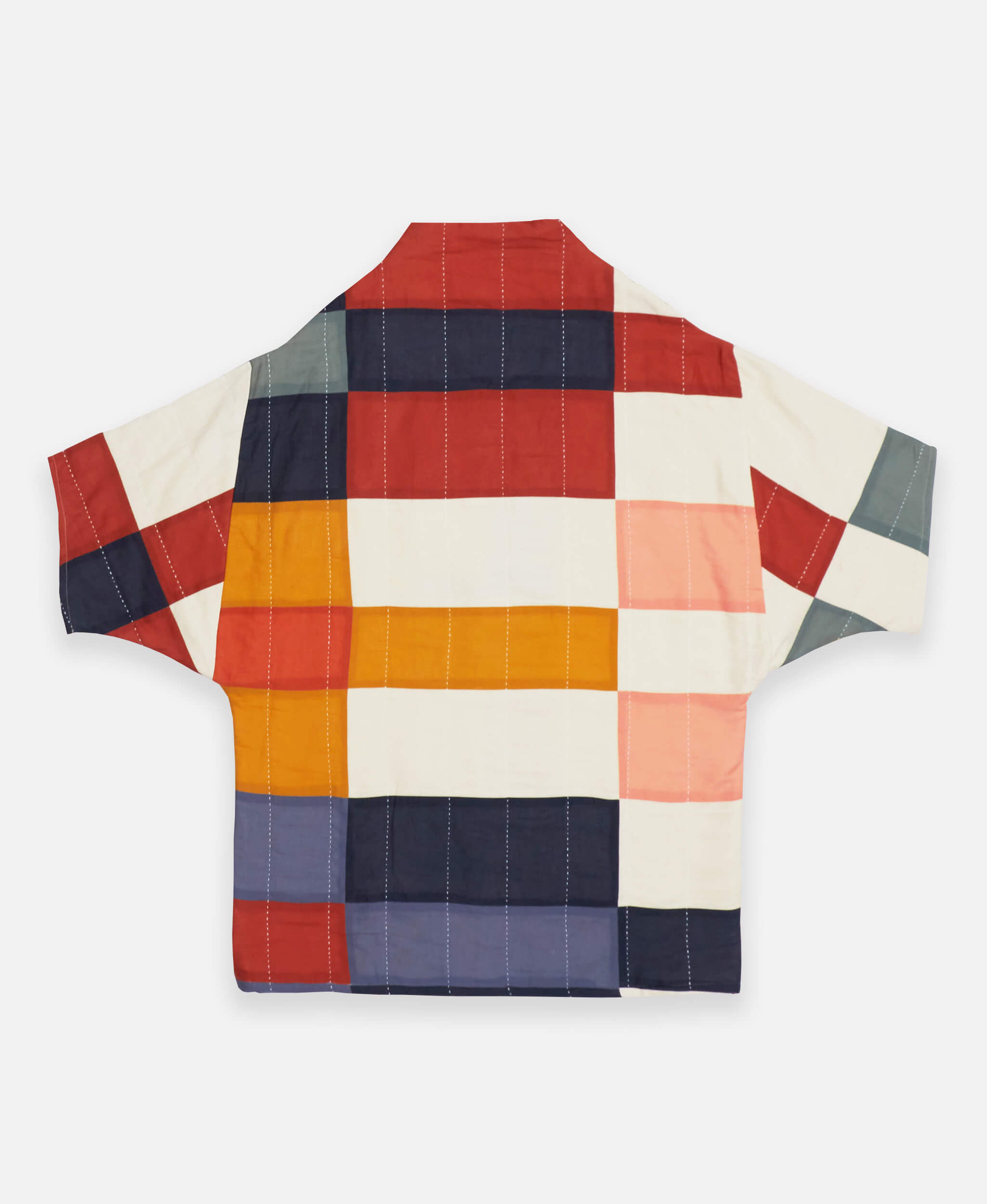 sustainably made bold patchwork quilted jacket in colorful checkers of yellow, pink, blue, orange and white