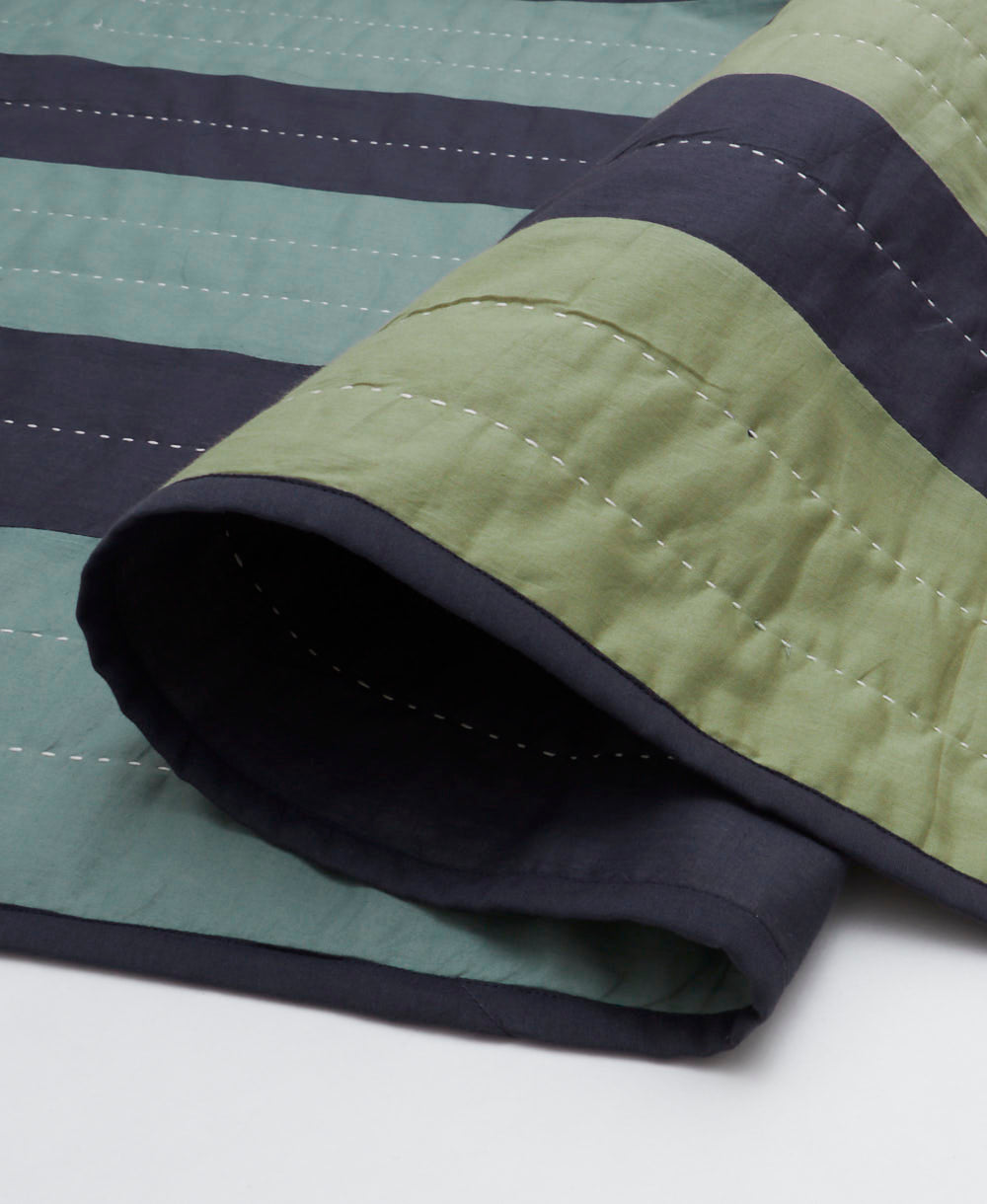 navy blue & green lightweight quilt with hand-embroidery in white | modern kantha quilt