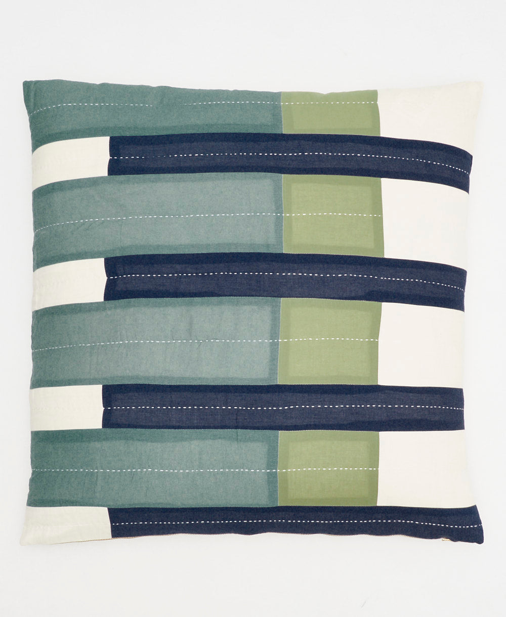 blue & green euro sham in offset stripe pattern with white kantha stitching for the modern bedroom