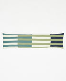 striped long lumbar pillow in shades of green and navy and white with white embroidery