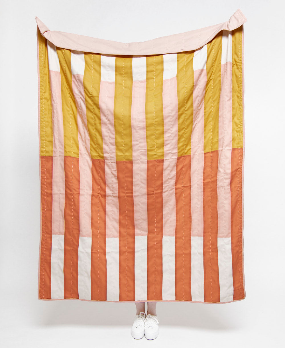 mustard yellow, pink and rust orange striped modern kantha quilt by Anchal