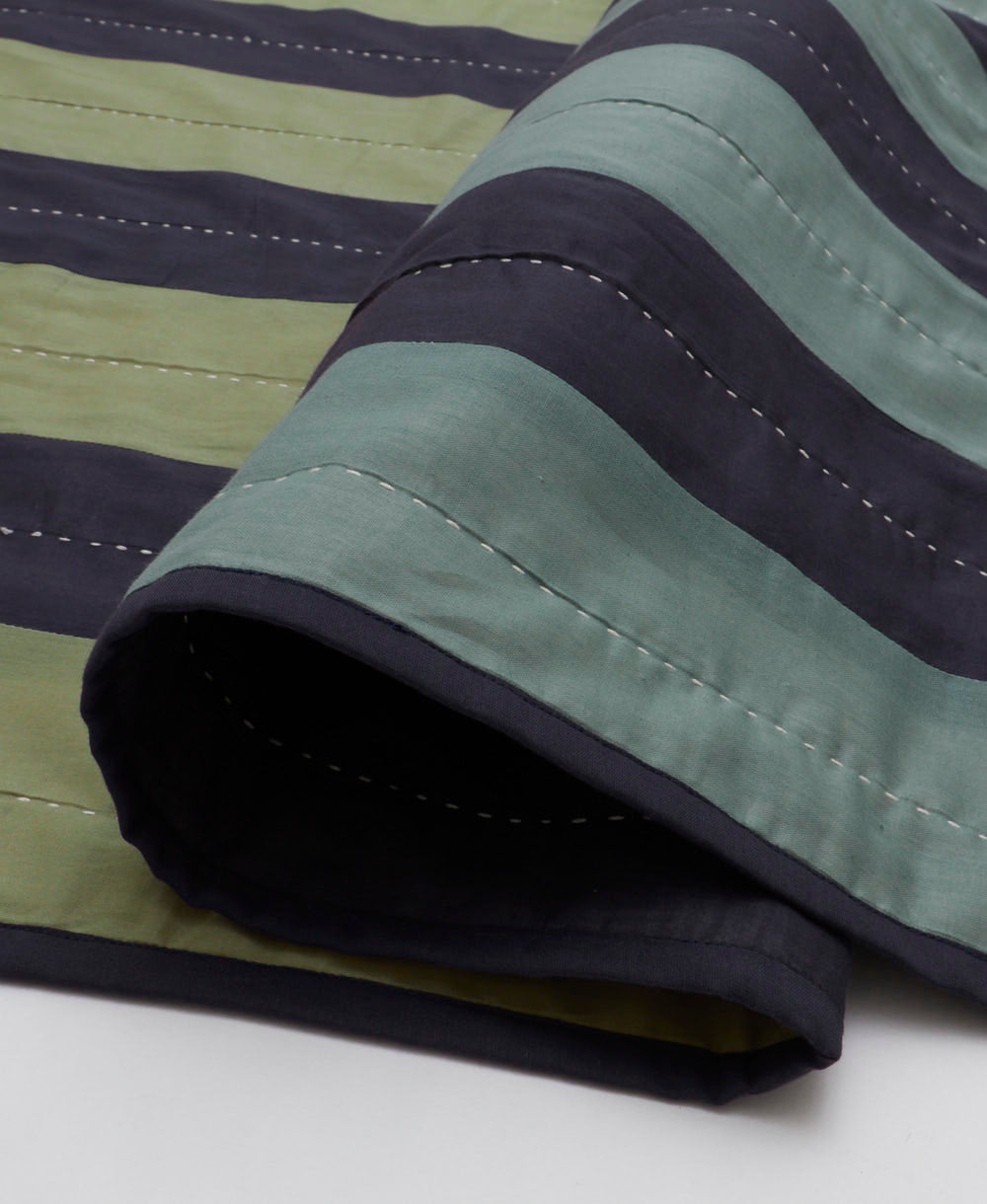 navy blue lightweight quilt with spruce green stripes and white kantha stitching