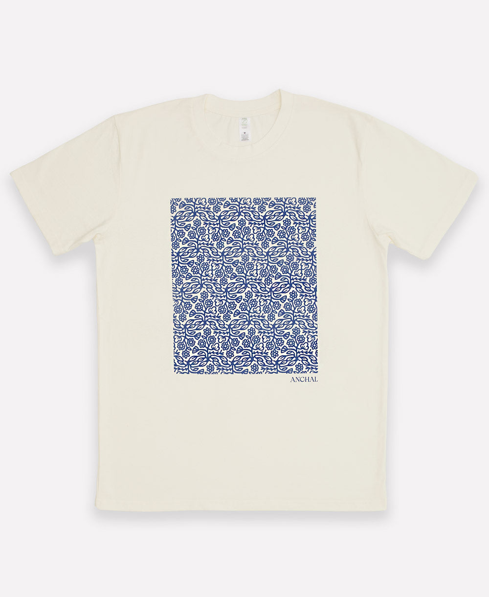 ecru organic cotton shirt with bold blue square graphic on front sustainably screenprinted in the USA