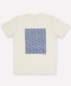 ecru organic cotton shirt with bold blue square graphic on front sustainably screenprinted in the USA