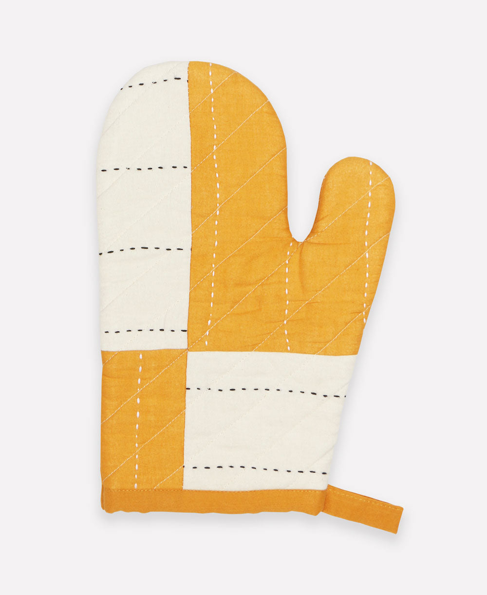 embroidered organic cotton mustard yellow and natural white oven mitt with hanging loop