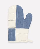 slate blue and white patchwork oven mitt made from 100% organic cotton with hand-stitched embroidery