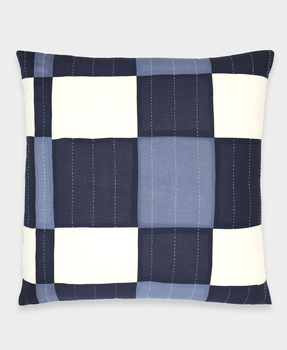 plaid patchwork euro sham in navy blue and slate blue by Anchal