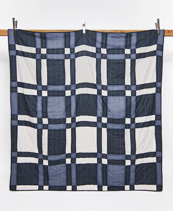 handmade in India modern patchwork plaid kanta quilt in navy and slate blue