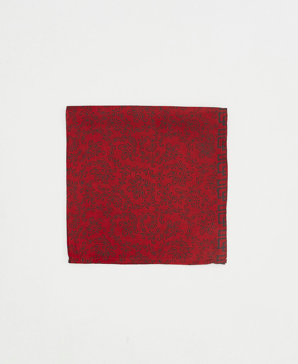 red silk pocket square ethically made using upcycled paisley vintage silk saris