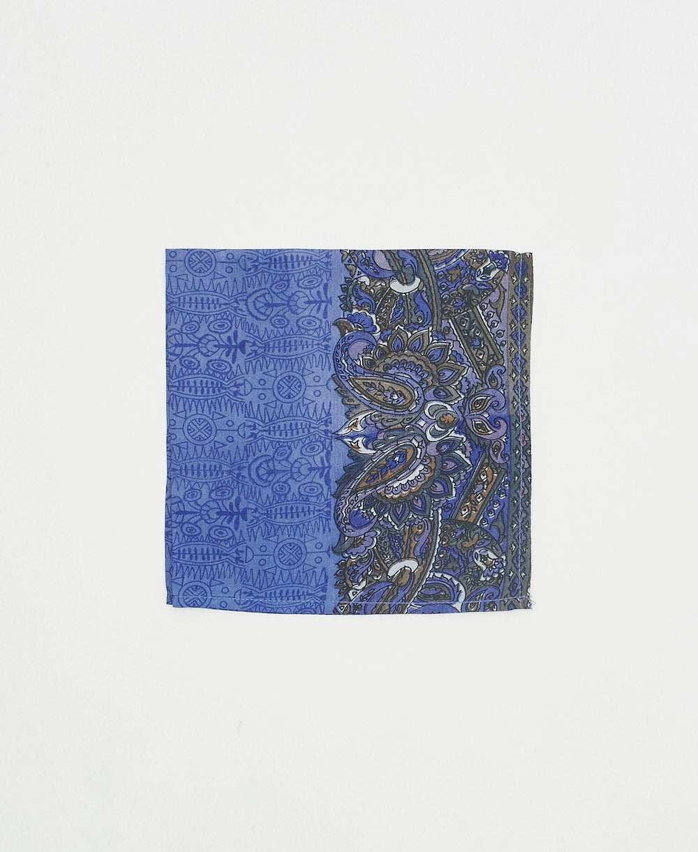 blue silk pocket square ethically made using upcycled paisley vintage silk saris