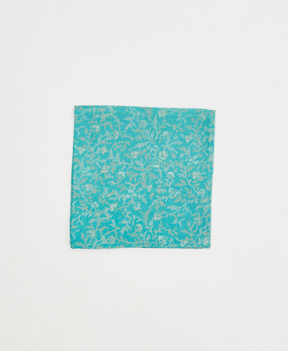 turquoise silk pocket square ethically made using upcycled floral vintage silk saris