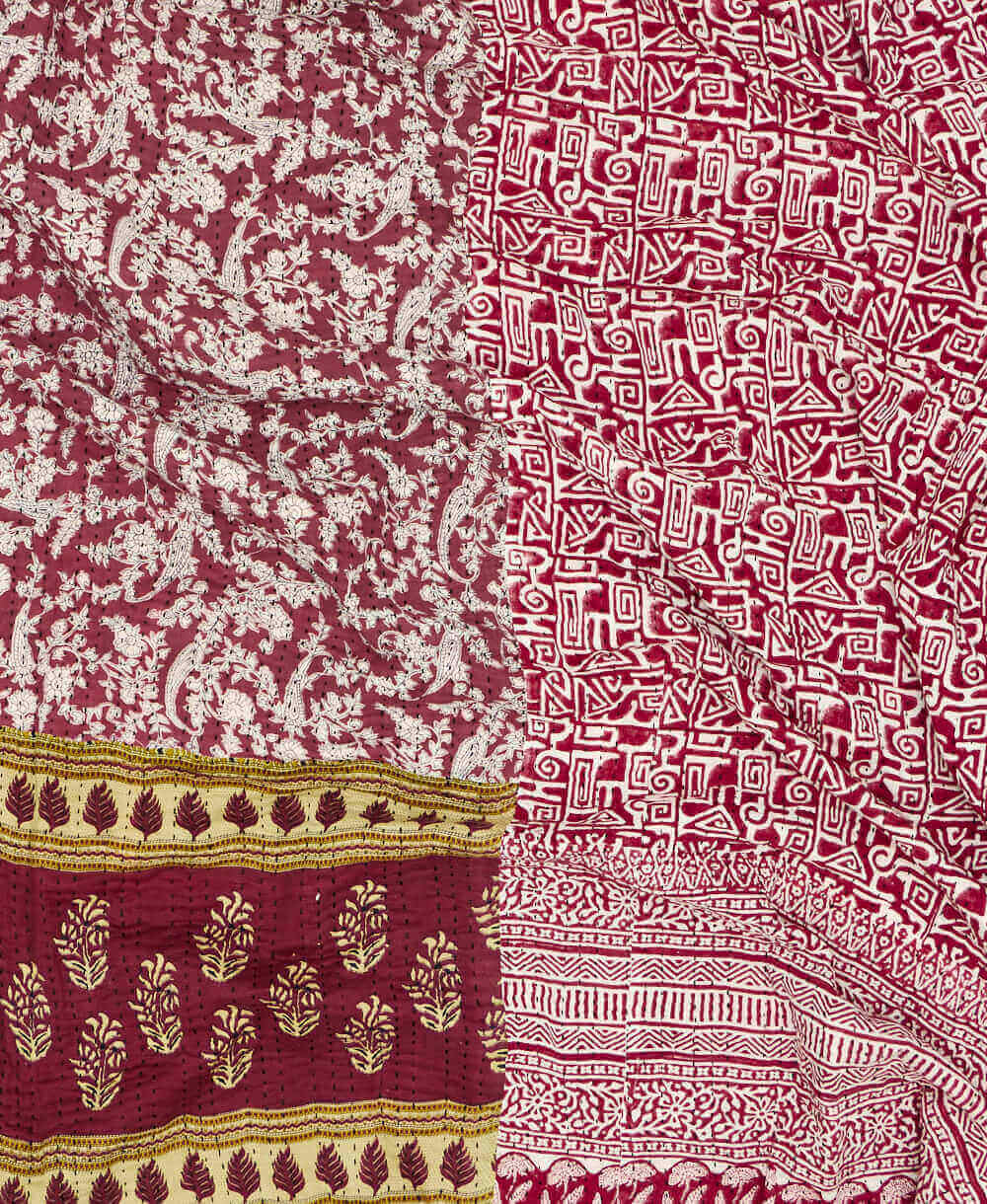 burgundy floral quilted throw in queen size hand sitched by Anchal artisans