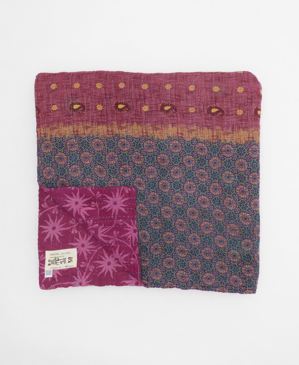 ethically made queen kantha quilt in bold berry purple with abstract white stars and teal stripes