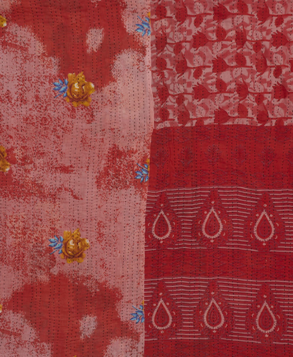 handstitched queen kantha quilt in coral red with yellow and blue flowers