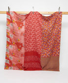 bold coral red floral kantha quilt in queen size handmade by women artisans in India