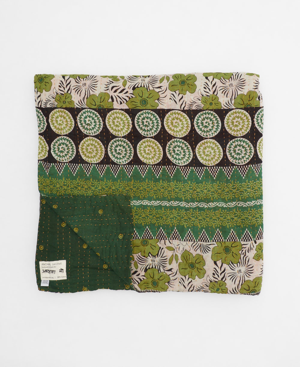 eco-friendly queen kantha quilt in grass green and yellow floral handmade in India