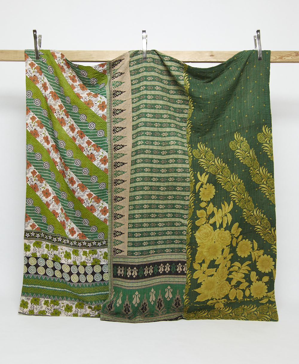 grass green kantha quilt in queen size handmade in India by women artisans