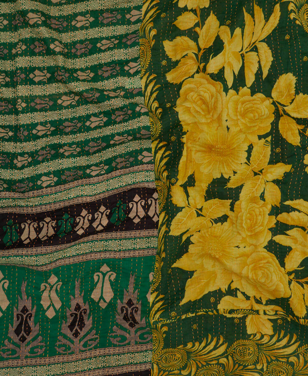 grass green and yellow floral queen kantha blanket made form upcycled cotton saris