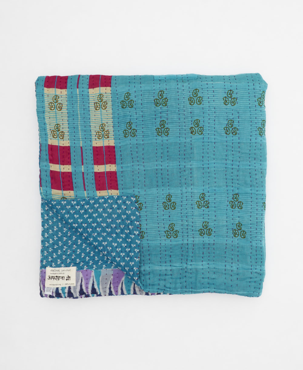 eco-friendly queen kantha quilt in cerulean blue and red checkers handmade in India