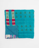 eco-friendly queen kantha quilt in cerulean blue and red checkers handmade in India