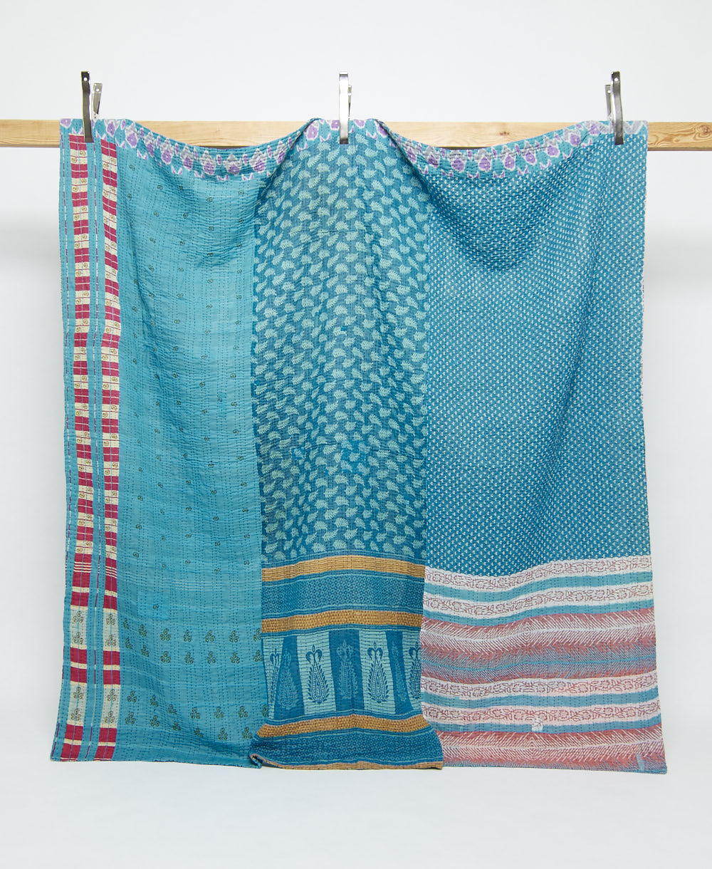 cerulean blue kantha quilt in queen size handmade in India by women artisans