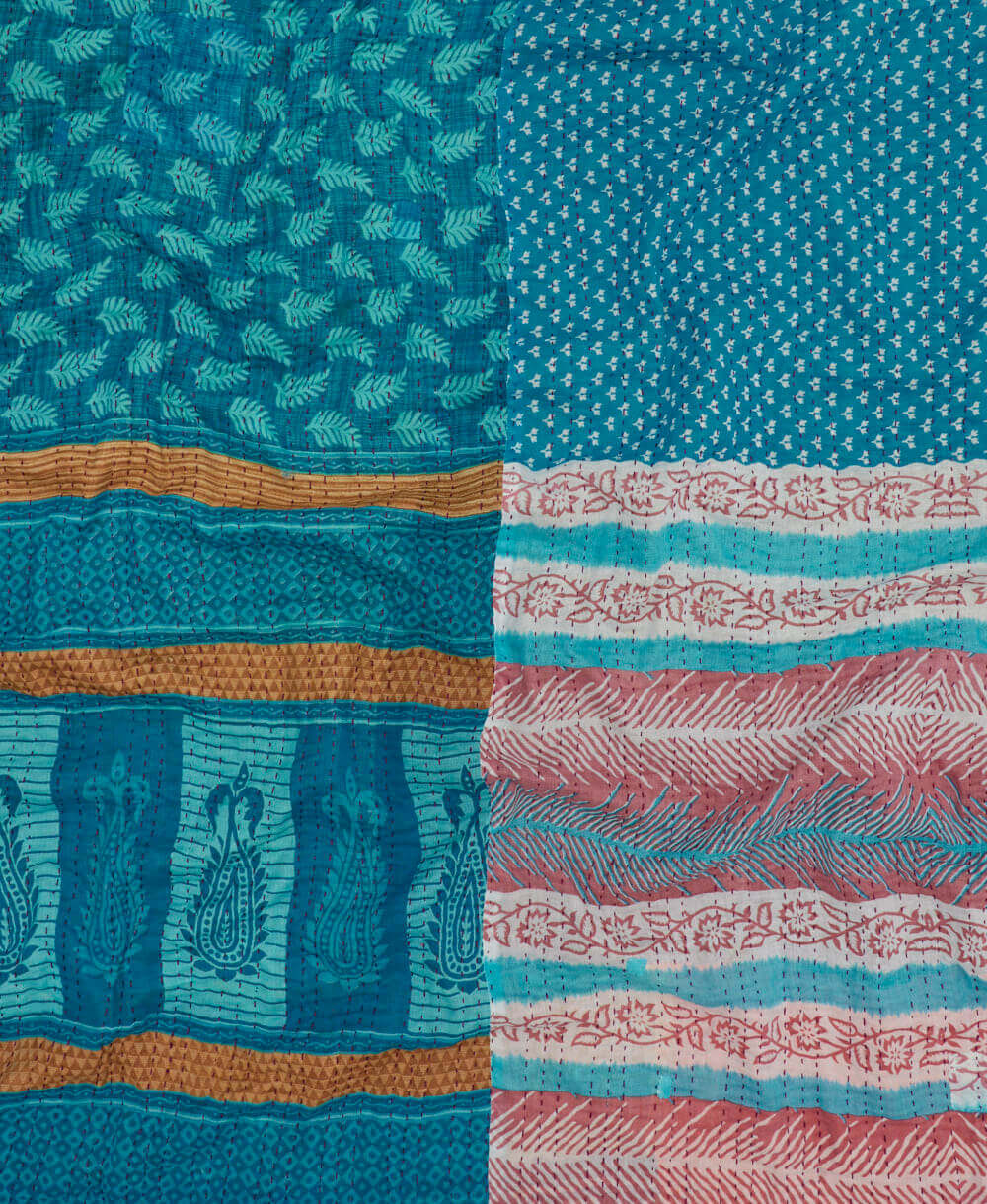 cerulean blue and red checkers queen kantha blanket made form upcycled cotton saris