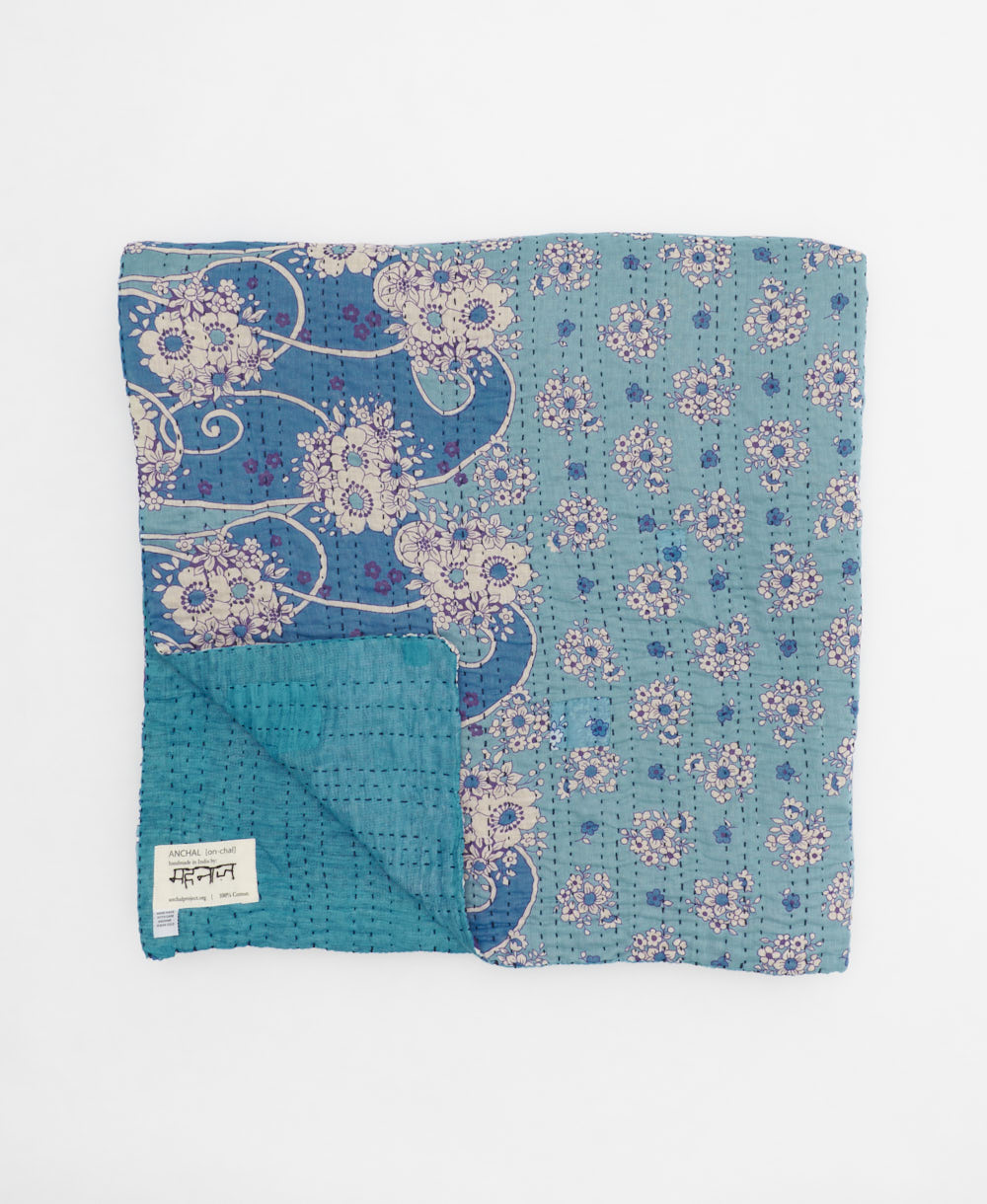 eco-friendly queen kantha quilt in sky blue and yellow butterflies handmade in India