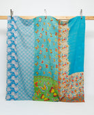 sky blue kantha quilt in queen size with yellow & red butterflies handmade in India by women artisans