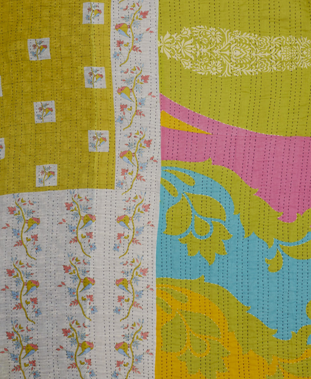 queen kantha quilt in lime green with pink and blue accents handmade in India from vintage cotton saris