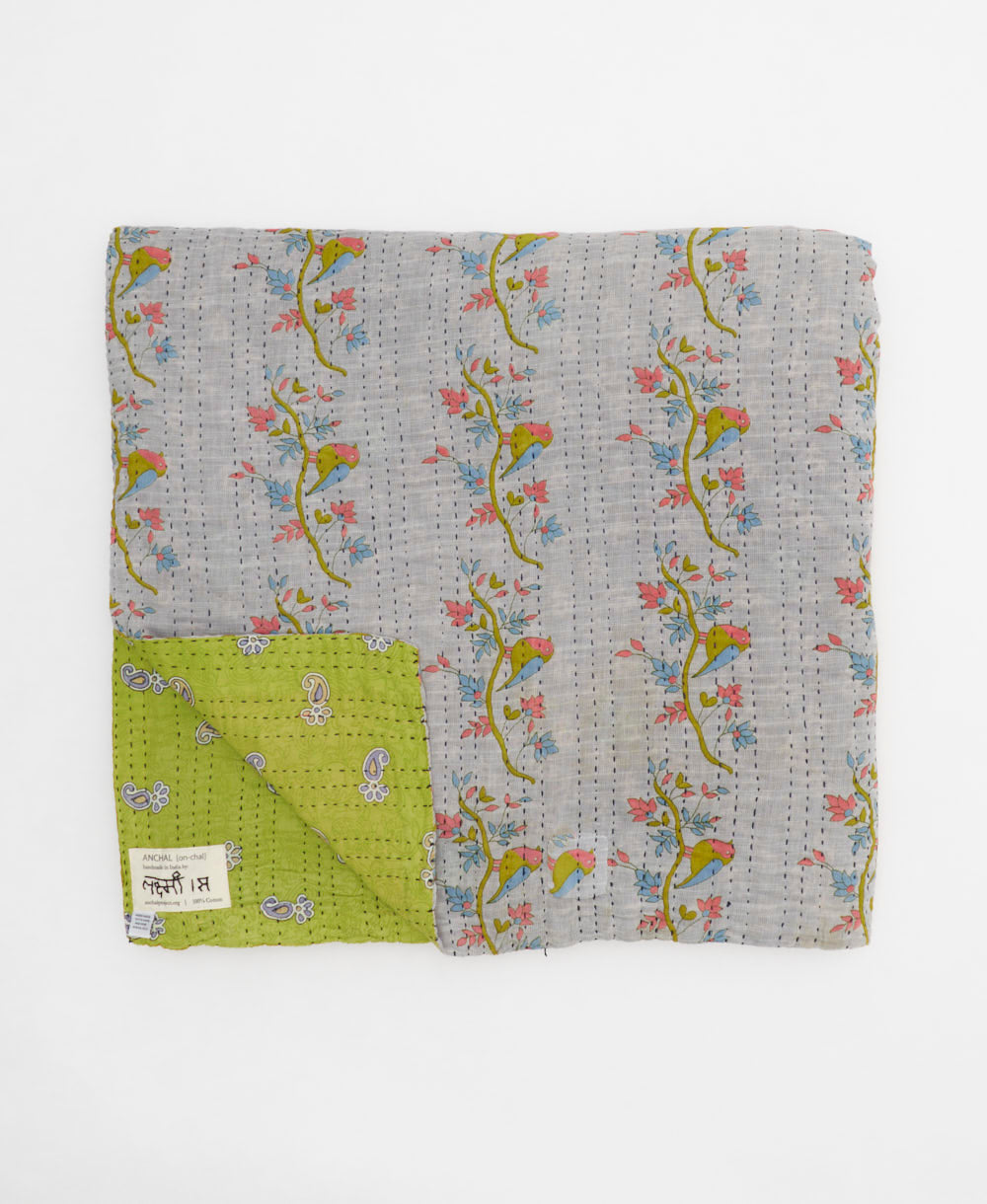 eco-friendly queen kantha quilt in lime green, pink and blue abstract pattern handmade in India