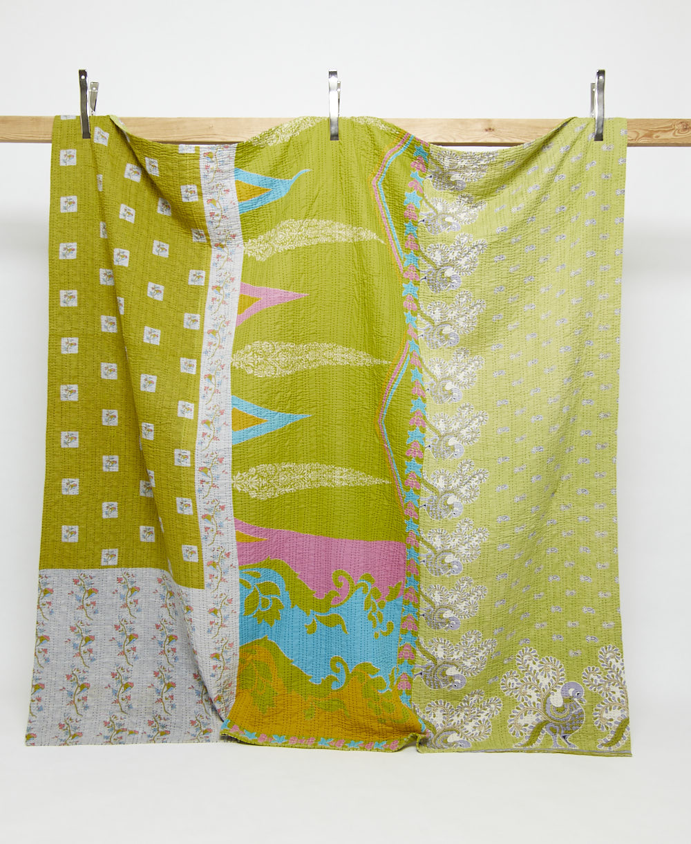 bold lime green kantha quilt in queen size with pink and sky blue abstract patterns