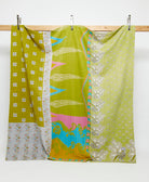 bold lime green kantha quilt in queen size with pink and sky blue abstract patterns