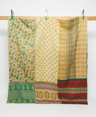 beige and green queen kantha quilt with chevron and floral patterns handmade in India